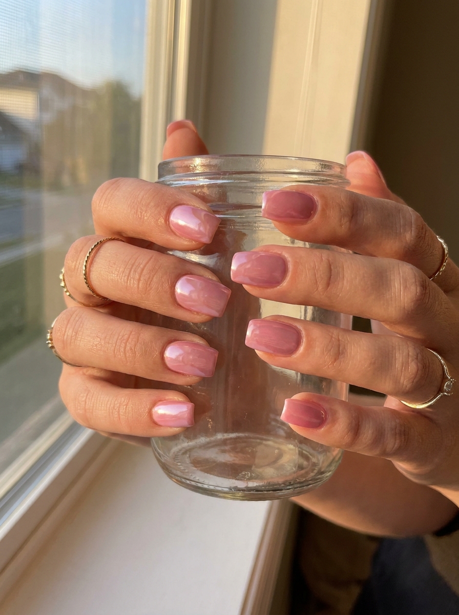 Pink Chrome Square Nails